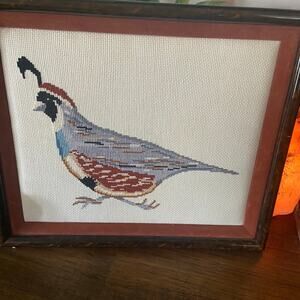 Vintage Framed Needlepoint Embroidery Quail Wall Hanging 13x11